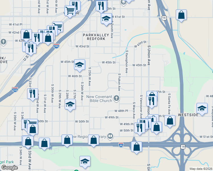 map of restaurants, bars, coffee shops, grocery stores, and more near 4616 South 23rd West Avenue in Tulsa