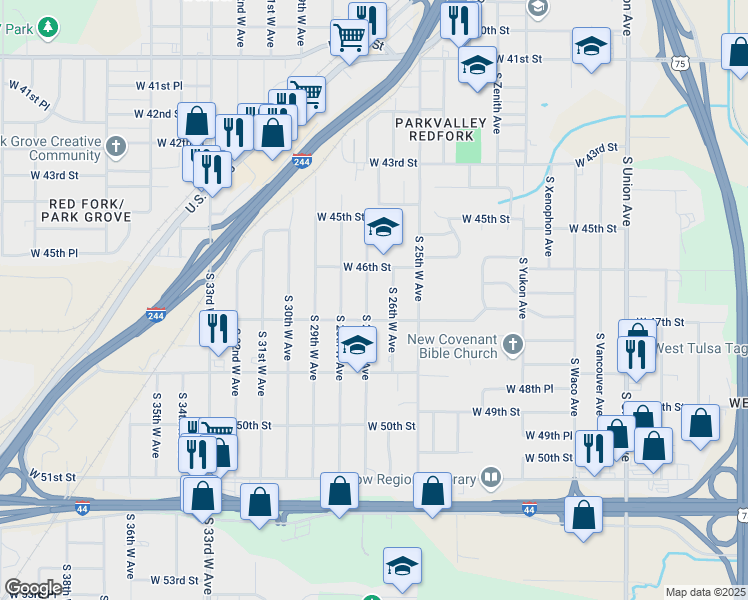 map of restaurants, bars, coffee shops, grocery stores, and more near 4635 South 27th West Avenue in Tulsa