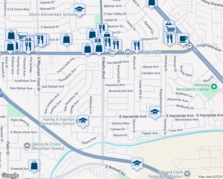 map of restaurants, bars, coffee shops, grocery stores, and more near 5054 Brownwood Avenue in Las Vegas
