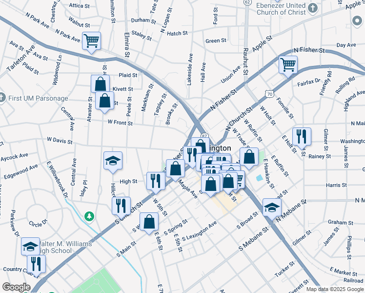 map of restaurants, bars, coffee shops, grocery stores, and more near 405 East Davis Street in Burlington