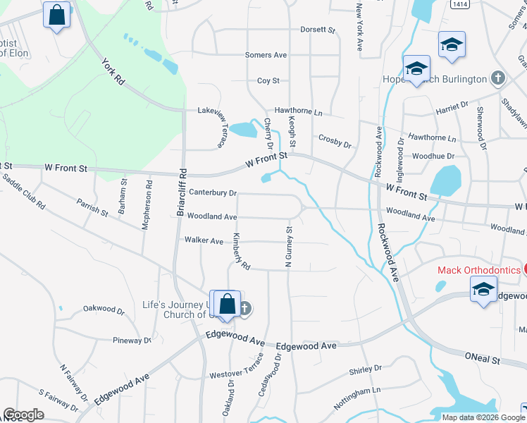 map of restaurants, bars, coffee shops, grocery stores, and more near 2159 Woodland Avenue in Burlington