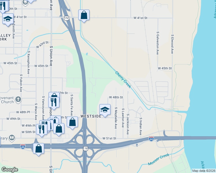 map of restaurants, bars, coffee shops, grocery stores, and more near 1002 West 46th Street in Tulsa