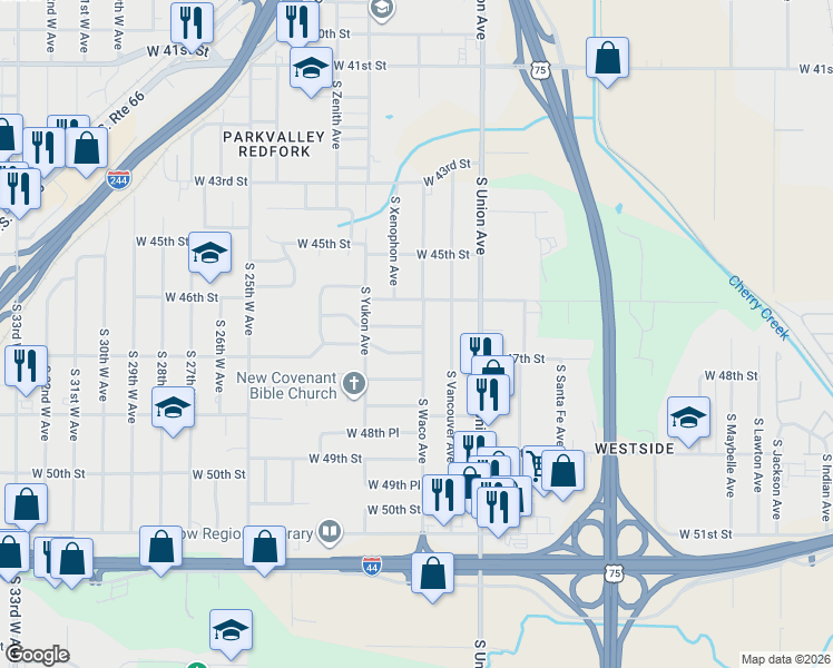 map of restaurants, bars, coffee shops, grocery stores, and more near 4635 South Waco Avenue in Tulsa