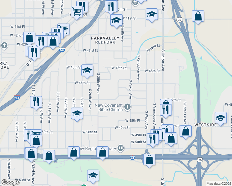 map of restaurants, bars, coffee shops, grocery stores, and more near 4616 S 23rd W Ave in Tulsa