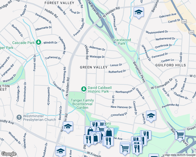 map of restaurants, bars, coffee shops, grocery stores, and more near 1204 Mc Dowell Drive in Greensboro