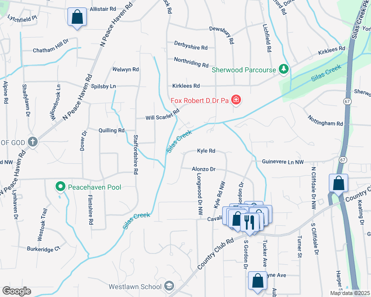map of restaurants, bars, coffee shops, grocery stores, and more near 421 Kyle Road in Winston-Salem