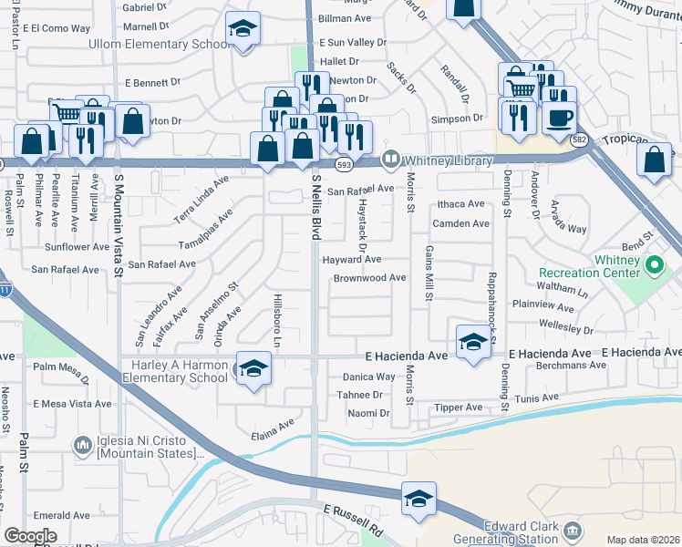 map of restaurants, bars, coffee shops, grocery stores, and more near 5054 Brownwood Avenue in Las Vegas