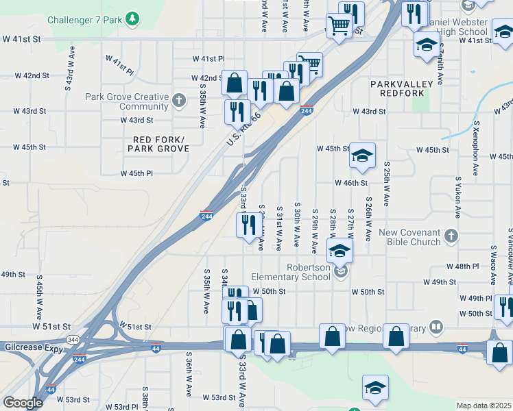 map of restaurants, bars, coffee shops, grocery stores, and more near 4636 South 32nd West Avenue in Tulsa