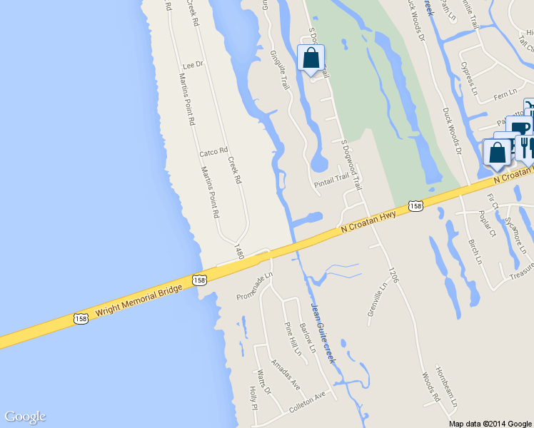 map of restaurants, bars, coffee shops, grocery stores, and more near 1009 Creek Road in Kitty Hawk