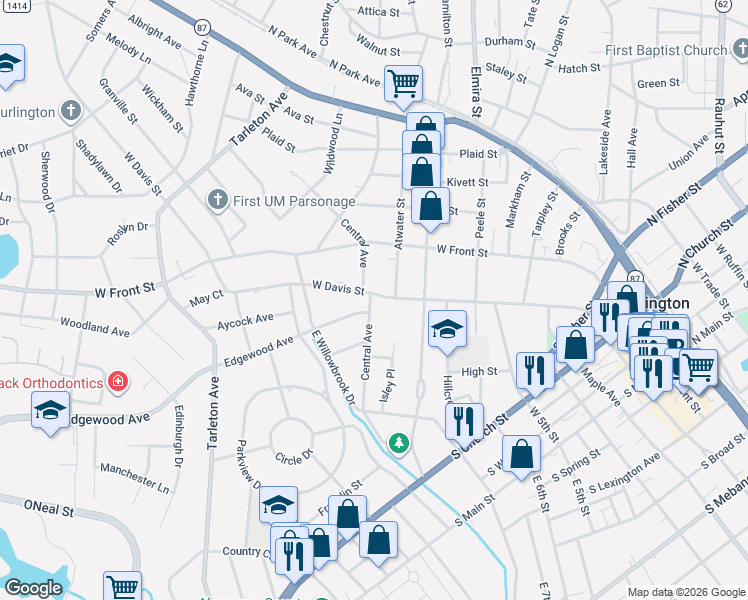 map of restaurants, bars, coffee shops, grocery stores, and more near 912-916 West Davis Street in Burlington