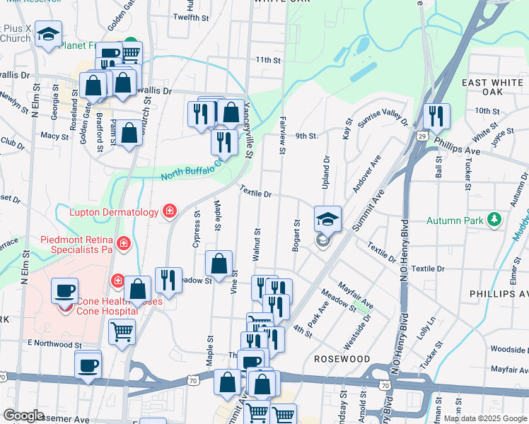 map of restaurants, bars, coffee shops, grocery stores, and more near 1416 Walnut Street in Greensboro