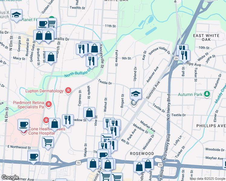 map of restaurants, bars, coffee shops, grocery stores, and more near 1417 Fairview Street in Greensboro