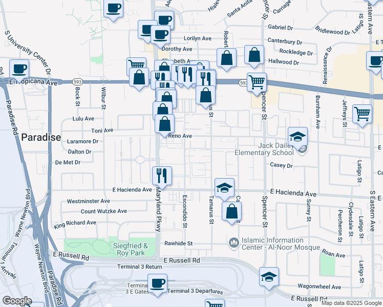 map of restaurants, bars, coffee shops, grocery stores, and more near 1364 Pattee Circle in Las Vegas
