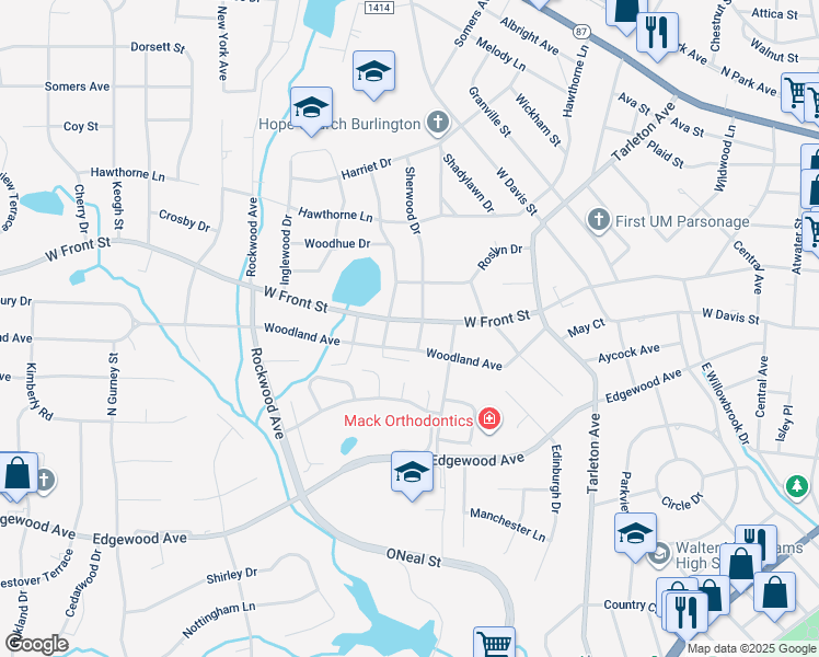 map of restaurants, bars, coffee shops, grocery stores, and more near 1806 West Front Street in Burlington