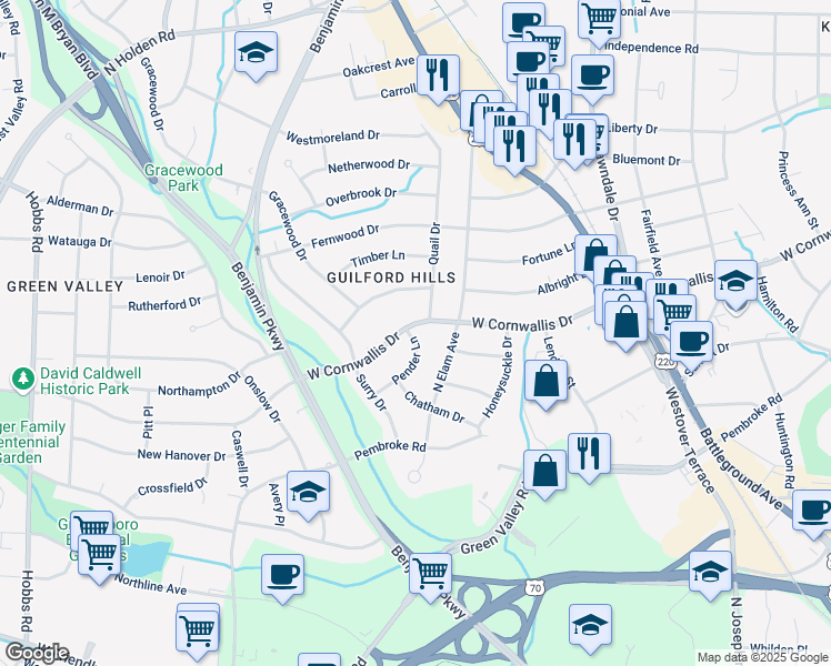 map of restaurants, bars, coffee shops, grocery stores, and more near 1116 Pender Lane in Greensboro
