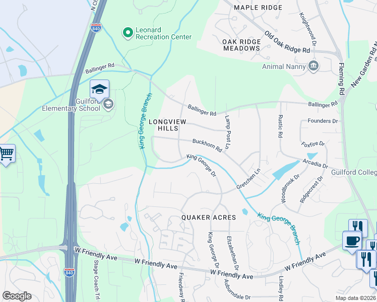 map of restaurants, bars, coffee shops, grocery stores, and more near 1230 King George Drive in Greensboro