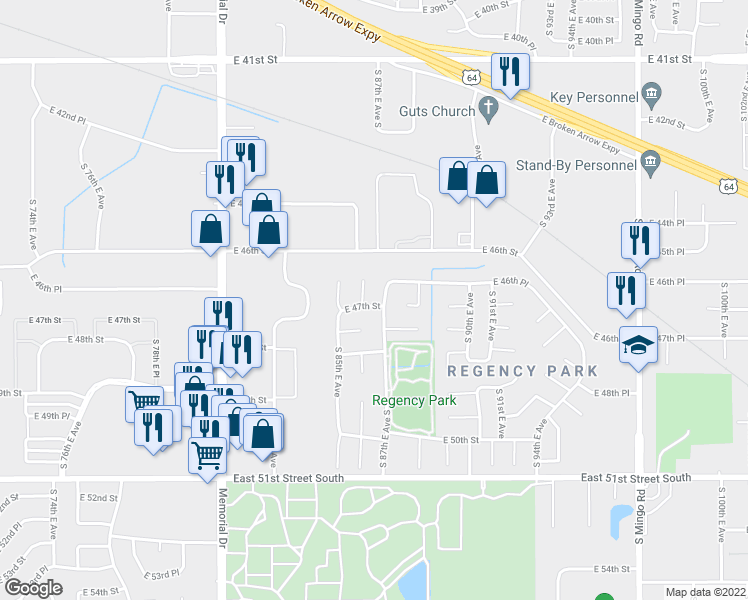 map of restaurants, bars, coffee shops, grocery stores, and more near 8613 East 47th Street in Tulsa