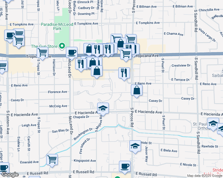 map of restaurants, bars, coffee shops, grocery stores, and more near 5171 Caspian Springs Drive in Las Vegas