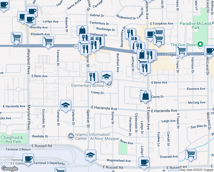 map of restaurants, bars, coffee shops, grocery stores, and more near 2001 East Reno Avenue in Las Vegas