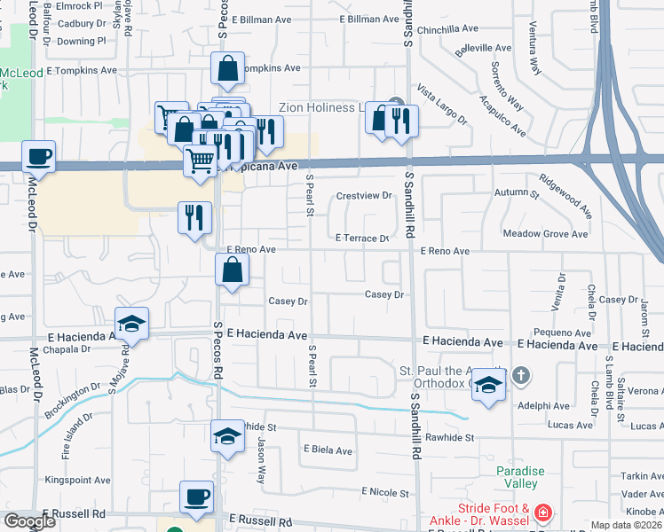 map of restaurants, bars, coffee shops, grocery stores, and more near 5151 Tennis Court Street South in Las Vegas