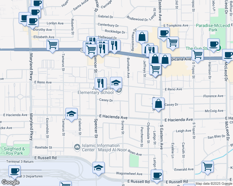 map of restaurants, bars, coffee shops, grocery stores, and more near 2049 East Reno Avenue in Las Vegas
