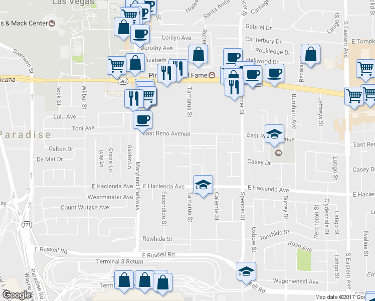 map of restaurants, bars, coffee shops, grocery stores, and more near 1498 Tamareno Circle in Las Vegas