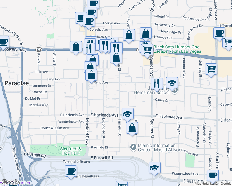 map of restaurants, bars, coffee shops, grocery stores, and more near 1498 Tamareno Circle in Las Vegas