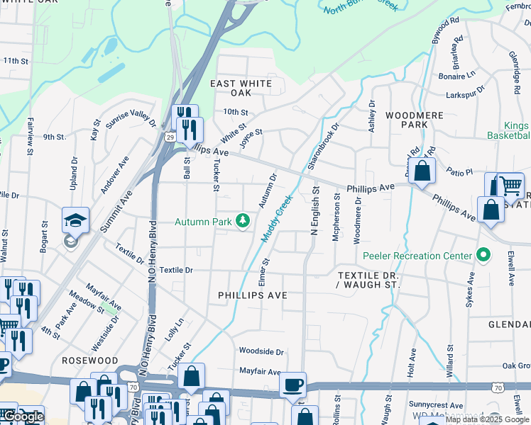 map of restaurants, bars, coffee shops, grocery stores, and more near 1728 Boone Street in Greensboro