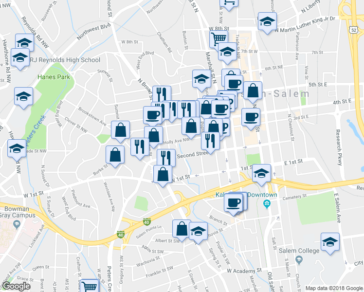 map of restaurants, bars, coffee shops, grocery stores, and more near 648 Holly Avenue Northwest in Winston-Salem