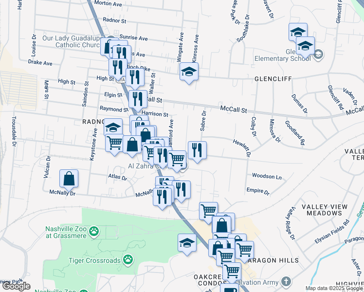 map of restaurants, bars, coffee shops, grocery stores, and more near 3623 Floral Drive in Nashville