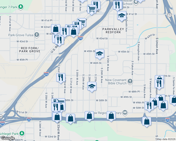 map of restaurants, bars, coffee shops, grocery stores, and more near 4636 South 28th West Avenue in Tulsa