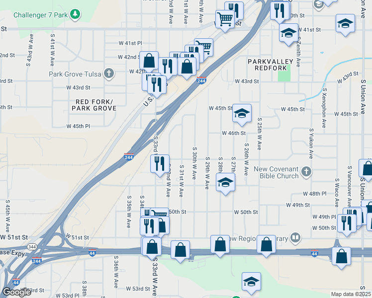 map of restaurants, bars, coffee shops, grocery stores, and more near 4635 South 31st West Avenue in Tulsa