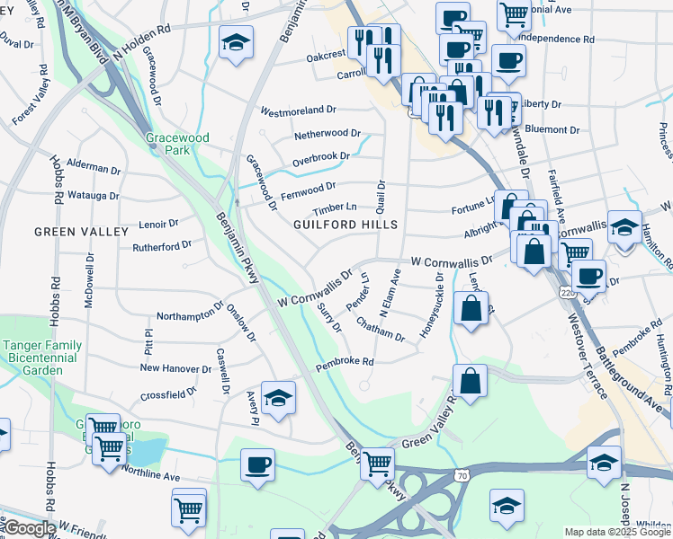 map of restaurants, bars, coffee shops, grocery stores, and more near 2506 West Cornwallis Drive in Greensboro
