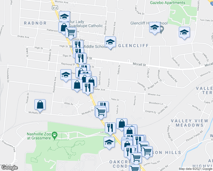 map of restaurants, bars, coffee shops, grocery stores, and more near 3623 Floral Drive in Nashville