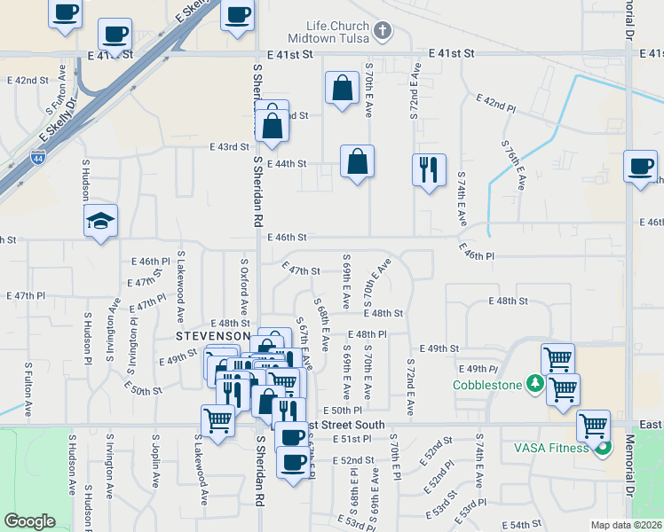 map of restaurants, bars, coffee shops, grocery stores, and more near 6825 East 47th Street in Tulsa