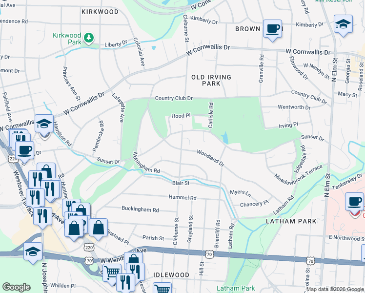 map of restaurants, bars, coffee shops, grocery stores, and more near 622 Woodland Drive in Greensboro