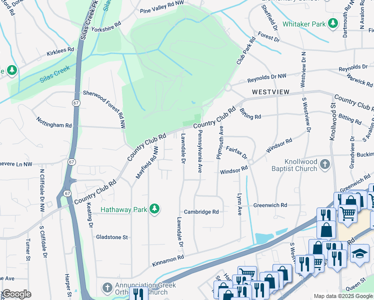 map of restaurants, bars, coffee shops, grocery stores, and more near 141 Lawndale Drive in Winston-Salem