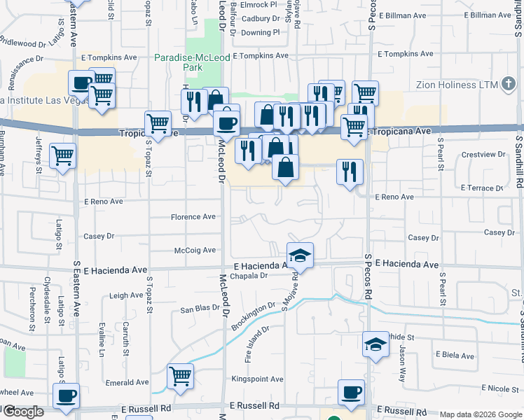 map of restaurants, bars, coffee shops, grocery stores, and more near 3147 Key Largo Drive in Las Vegas