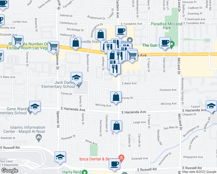 map of restaurants, bars, coffee shops, grocery stores, and more near 2338 Florence Avenue in Las Vegas