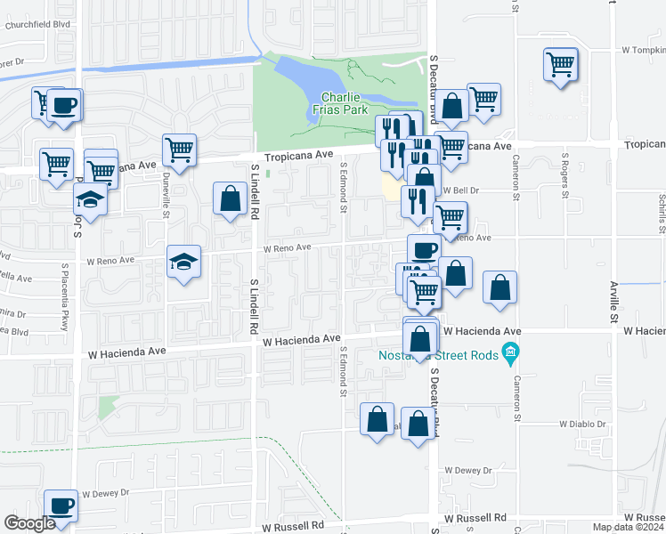map of restaurants, bars, coffee shops, grocery stores, and more near 5225 West Reno Avenue in Las Vegas