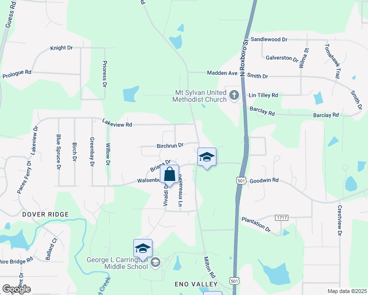 map of restaurants, bars, coffee shops, grocery stores, and more near 351 Birchrun Drive in Durham
