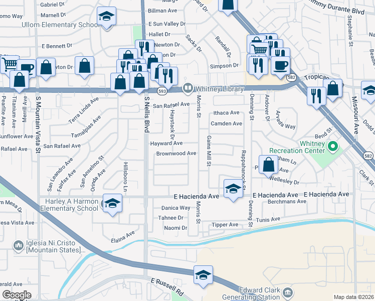 map of restaurants, bars, coffee shops, grocery stores, and more near 5154 Brownwood Avenue in Las Vegas