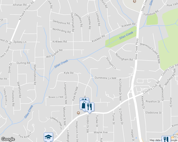 map of restaurants, bars, coffee shops, grocery stores, and more near 406 North Gordon Drive in Winston-Salem