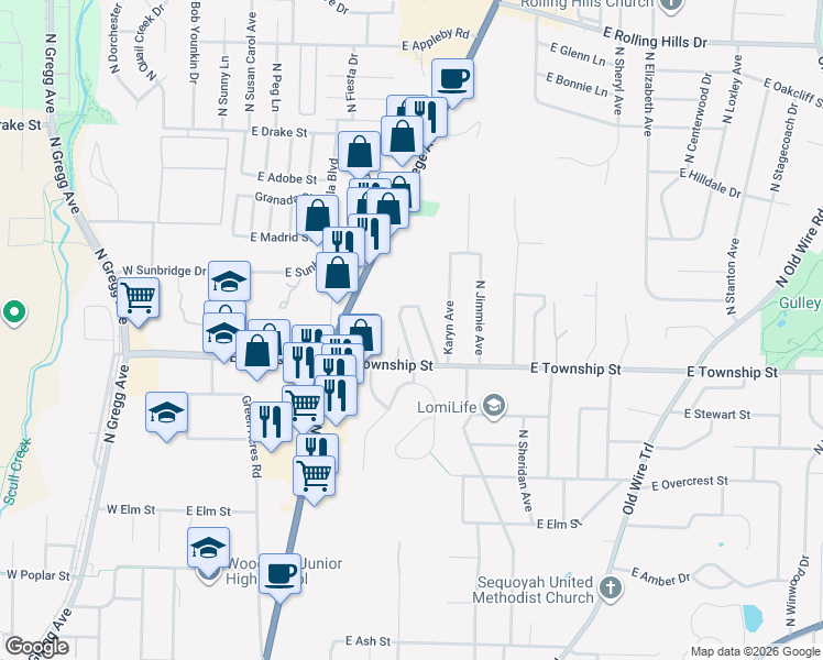 map of restaurants, bars, coffee shops, grocery stores, and more near 2433 North Brophy Avenue in Fayetteville