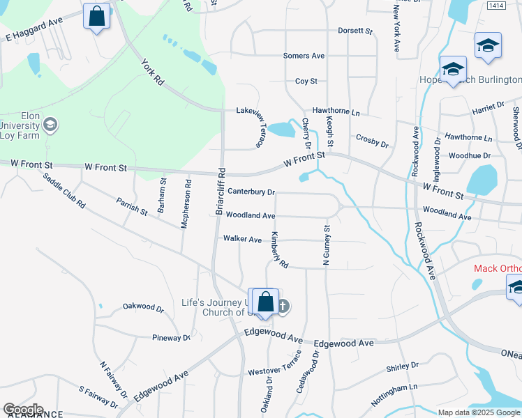 map of restaurants, bars, coffee shops, grocery stores, and more near 2213 Woodland Avenue in Burlington