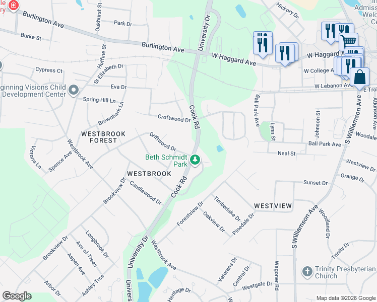 map of restaurants, bars, coffee shops, grocery stores, and more near 102 Driftwood Dr in Gibsonville