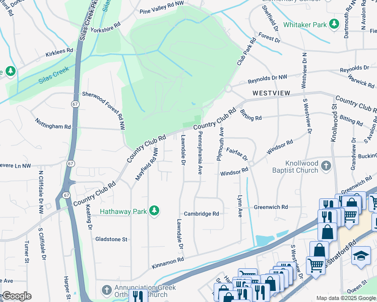 map of restaurants, bars, coffee shops, grocery stores, and more near 141 Lawndale Drive in Winston-Salem