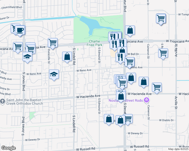 map of restaurants, bars, coffee shops, grocery stores, and more near 5225 West Reno Avenue in Las Vegas