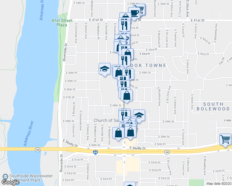 map of restaurants, bars, coffee shops, grocery stores, and more near 4530 South Peoria Avenue in Tulsa