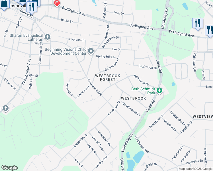 map of restaurants, bars, coffee shops, grocery stores, and more near 602 Driftwood Drive in Gibsonville